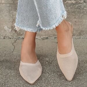Jeaney Light Nude Ribbed Knit Pointed-Toe Mule Slides